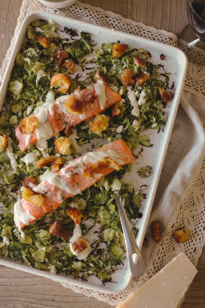 Roasted Brussels Sprout and Salmon Cesar - Vanessa Perrone
